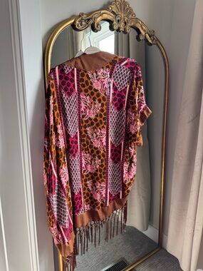 EARTHBOUND Pink & Brown Fringe Boho Kimono Tunic